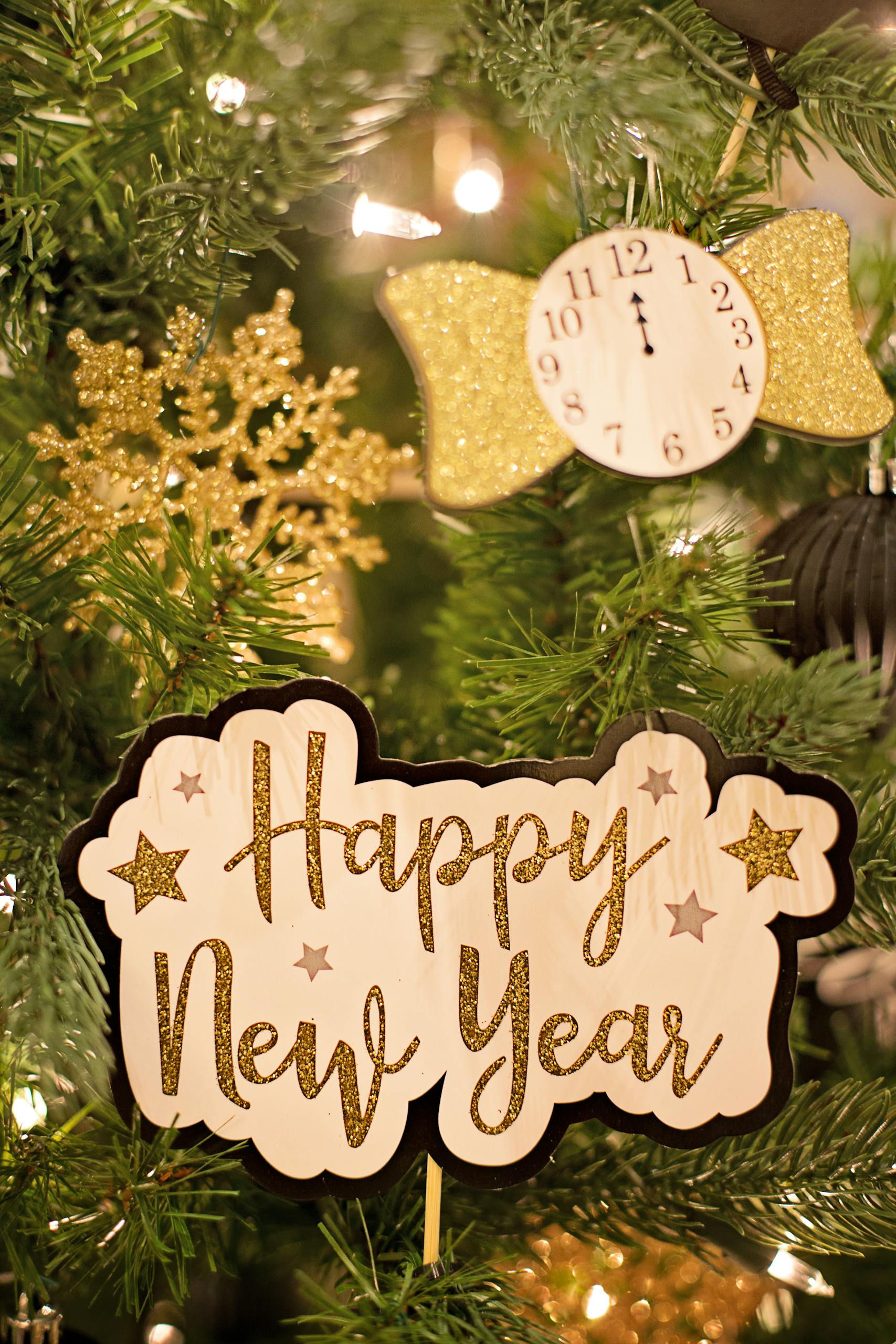 Close-up of a beautiful New Year sign with festive Christmas decorations.